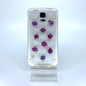 Galaxy S5 polycarbonate case. Unique Handmade. White rhinestones, pink flowers